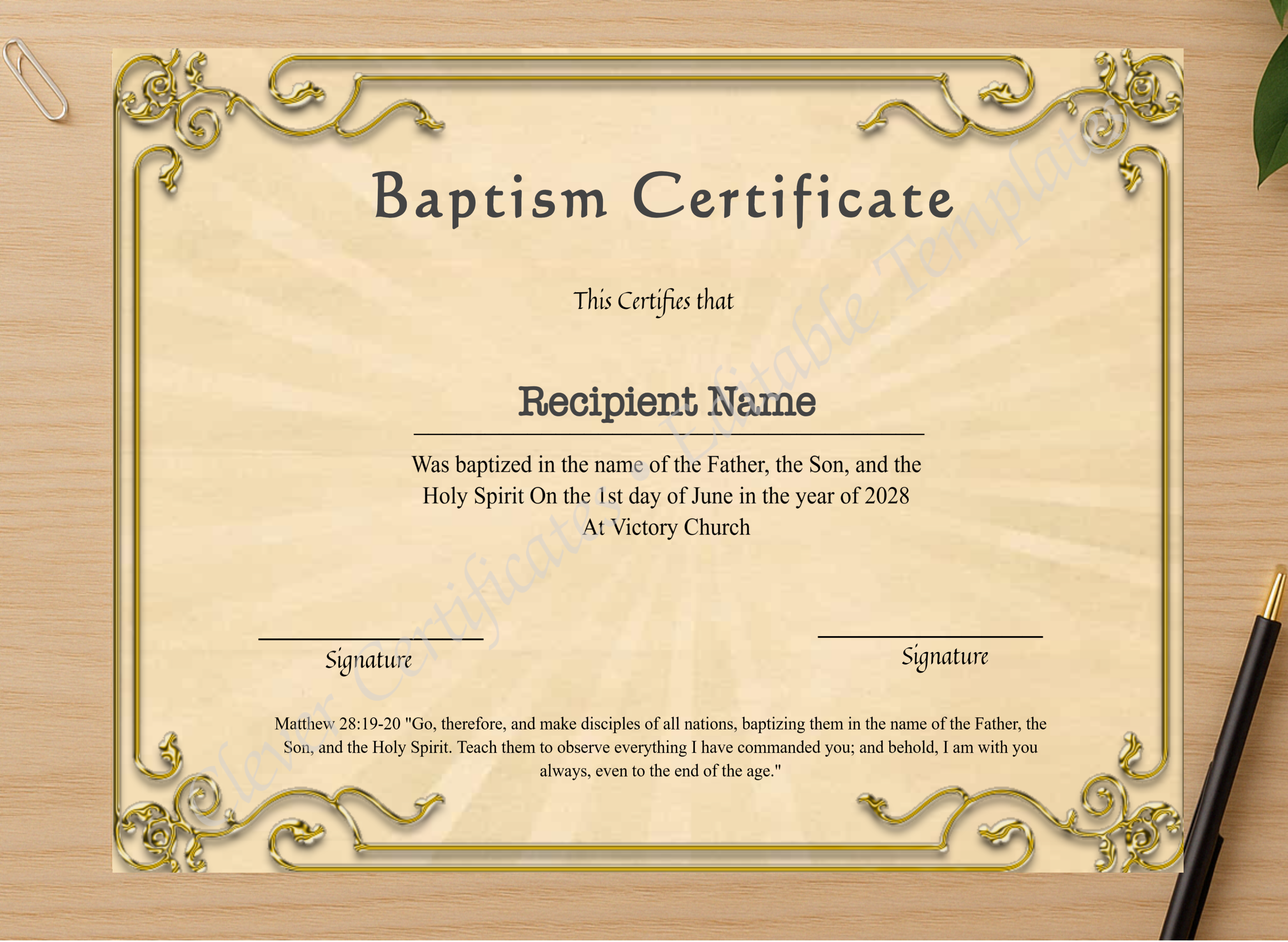 Professional preview of Downloadable Certificate Of Baptism certificate on high-quality stationery paper, ideal for showcasing the final look.