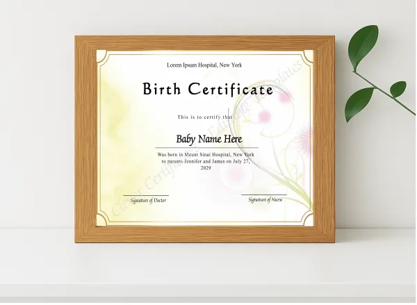Realistic mockup featuring Printable Birth Certificate displayed within a modern frame, set against a minimalistic background.