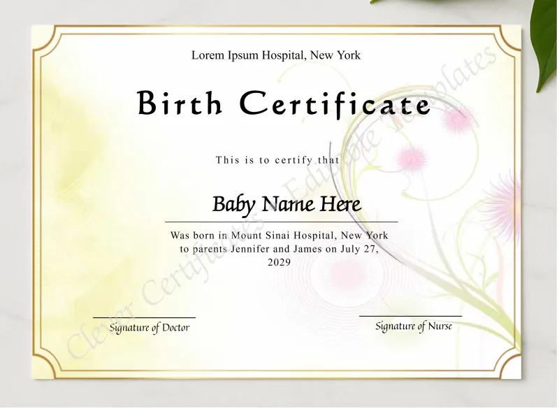 Printable Birth Certificate presented in a sleek wooden frame, elegantly arranged on a stylish table.
