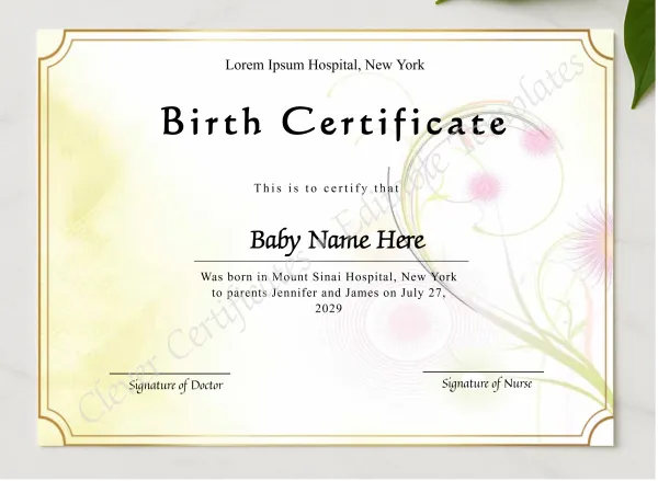 Printable Birth Certificate presented in a sleek wooden frame, elegantly arranged on a stylish table.