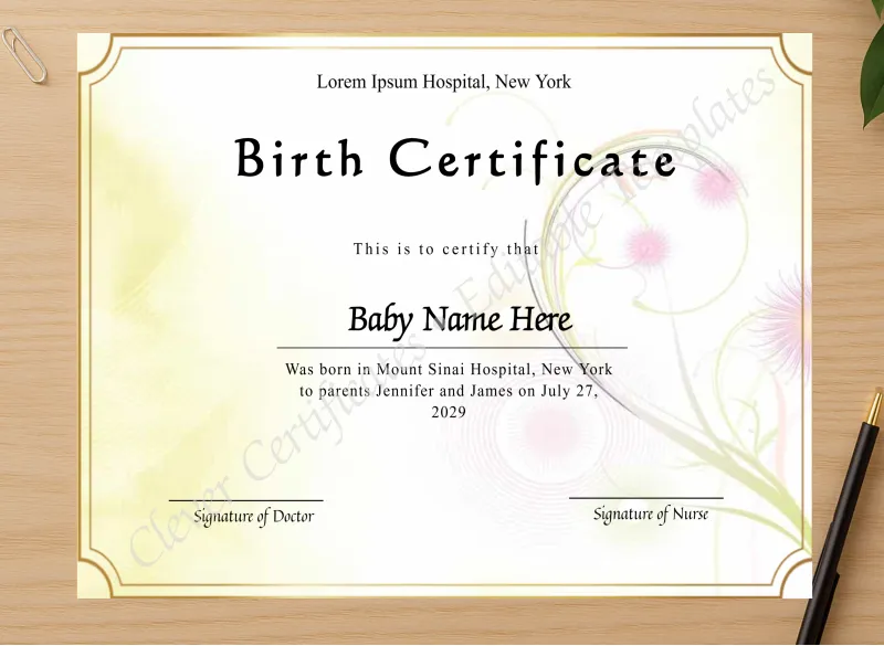 Professional preview of Printable Birth Certificate certificate on high-quality stationery paper, ideal for showcasing the final look.