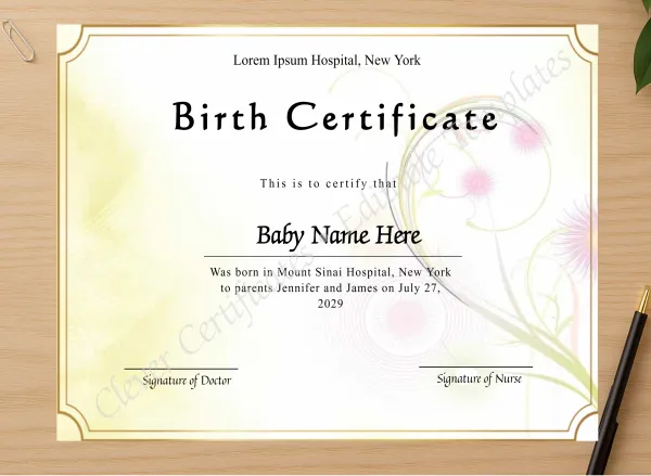 Professional preview of Printable Birth Certificate certificate on high-quality stationery paper, ideal for showcasing the final look.