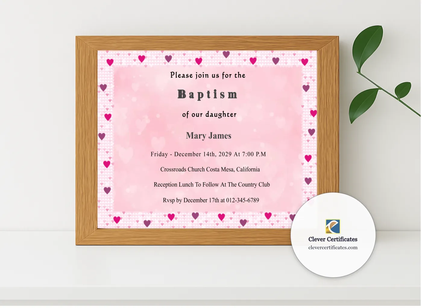 Realistic mockup featuring Editable Baptism Invitation displayed within a modern frame, set against a minimalistic background.