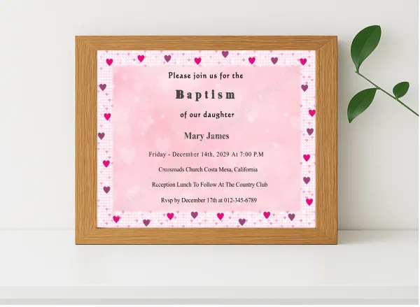 Realistic mockup featuring Editable Baptism Invitation displayed within a modern frame, set against a minimalistic background.