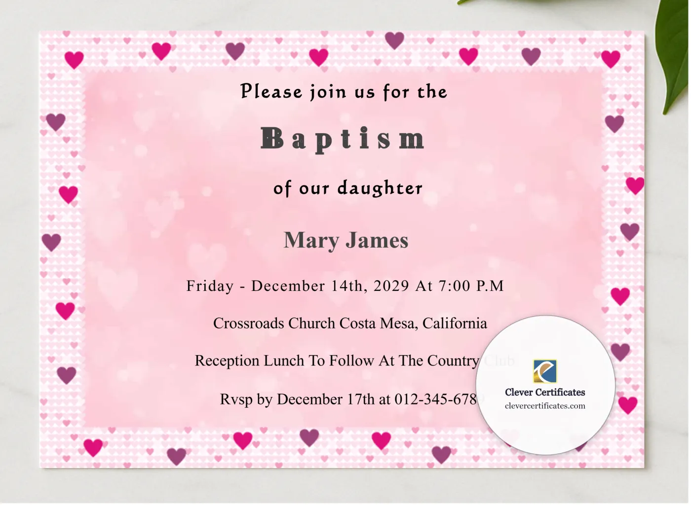 Editable Baptism Invitation presented in a sleek wooden frame, elegantly arranged on a stylish table.