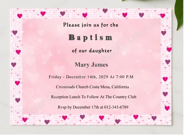 Editable Baptism Invitation presented in a sleek wooden frame, elegantly arranged on a stylish table.