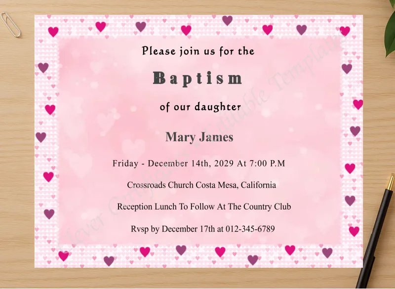 Professional preview of Editable Baptism Invitation certificate on high-quality stationery paper, ideal for showcasing the final look.