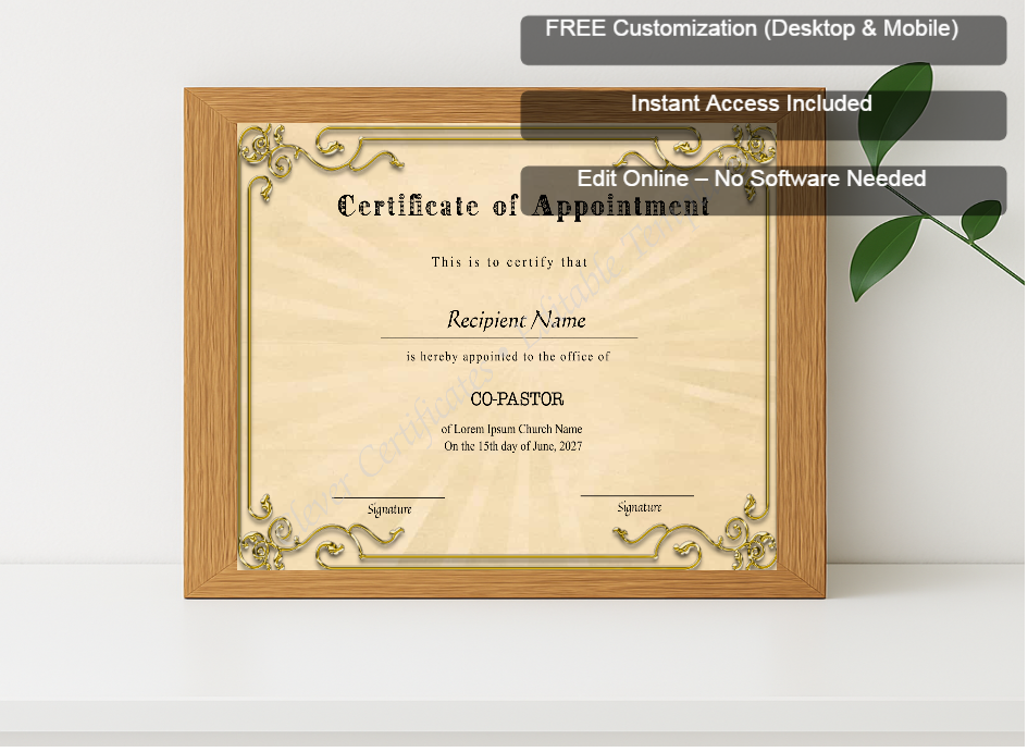 Premium mockup with Free Editor badge stack for Editable Appointment Certificate