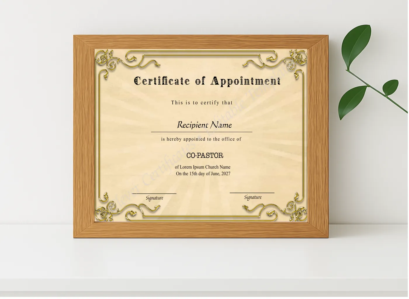 Realistic mockup featuring Editable Appointment Certificate displayed within a modern frame, set against a minimalistic background.