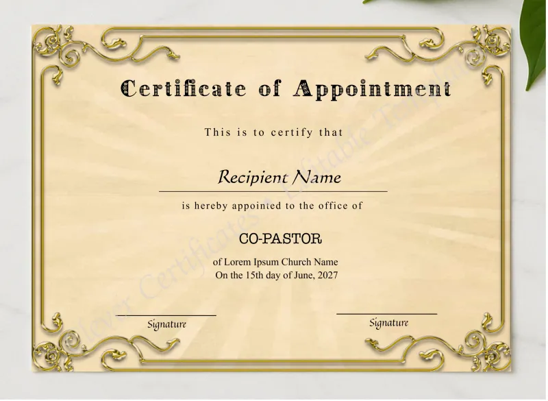 Editable Appointment Certificate presented in a sleek wooden frame, elegantly arranged on a stylish table.