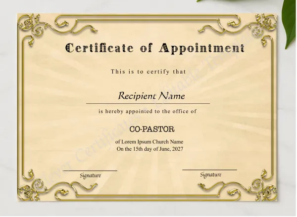 Editable Appointment Certificate presented in a sleek wooden frame, elegantly arranged on a stylish table.