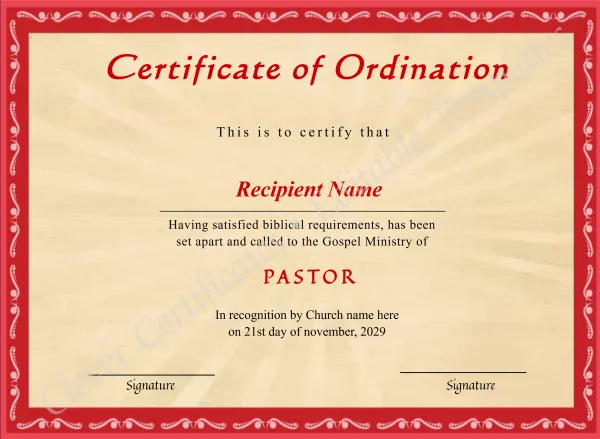 Printable Pastor Ordination Certificate
