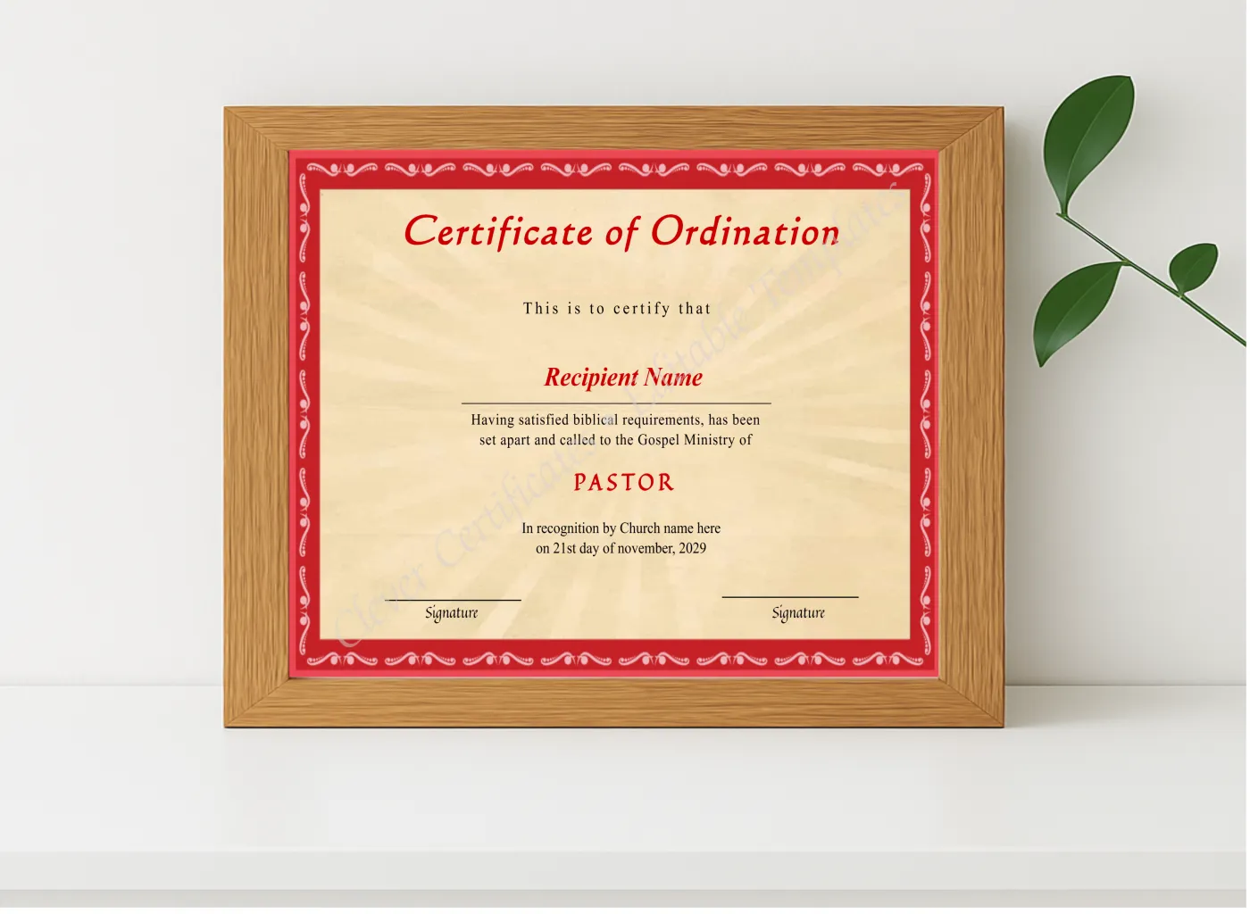 Realistic mockup featuring Printable Pastor Ordination Certificate displayed within a modern frame, set against a minimalistic background.