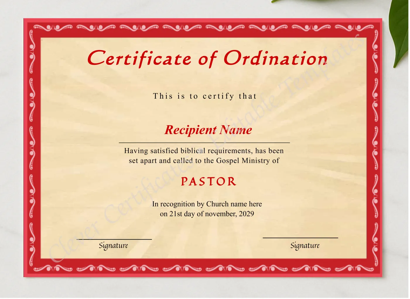 Printable Pastor Ordination Certificate presented in a sleek wooden frame, elegantly arranged on a stylish table.