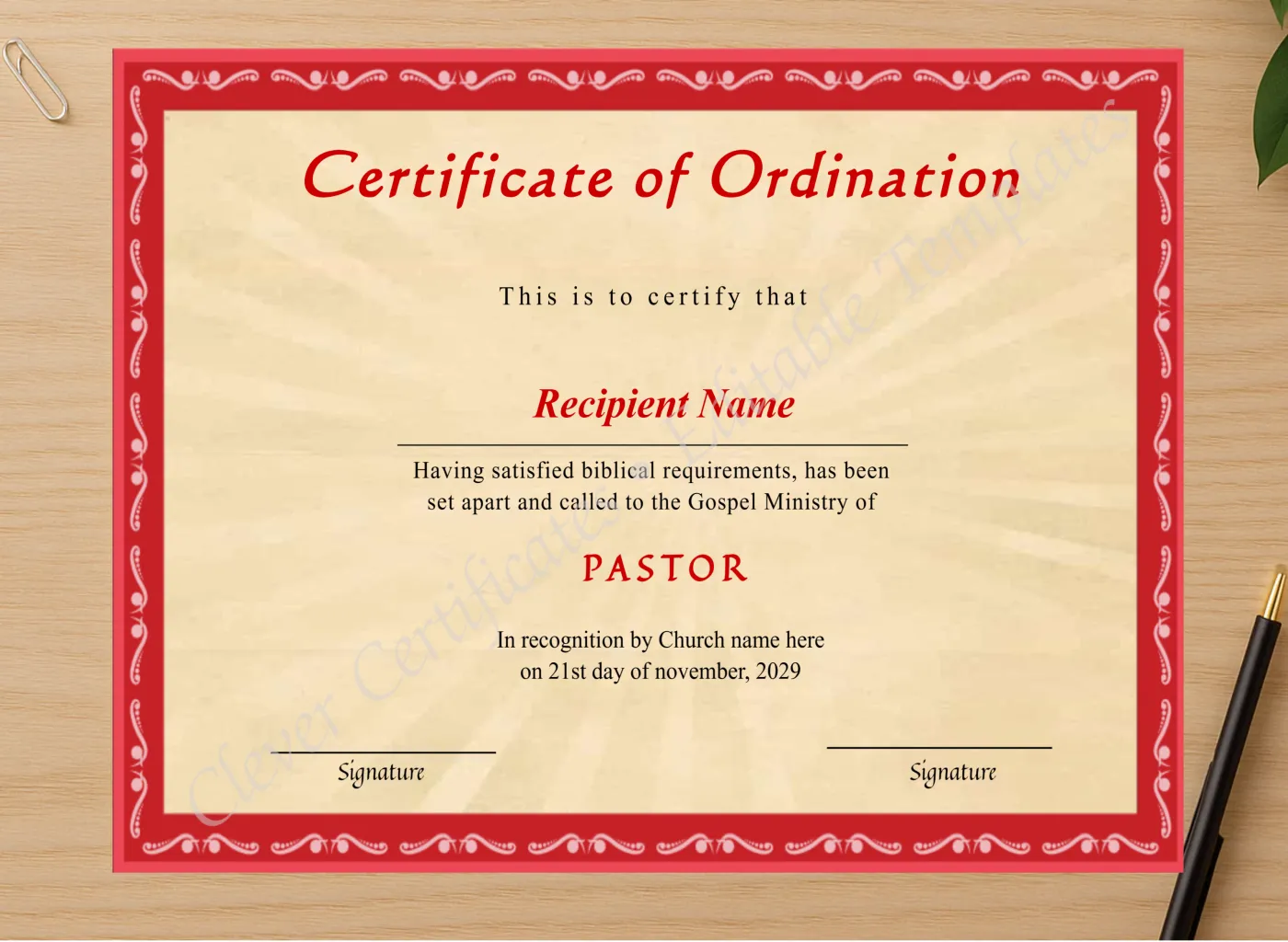 Professional preview of Printable Pastor Ordination Certificate certificate on high-quality stationery paper, ideal for showcasing the final look.