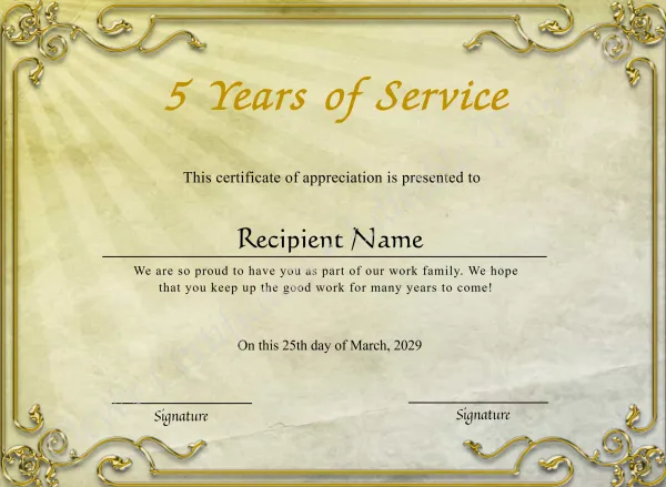 5 Years Of Service Anniversary Award Certificate