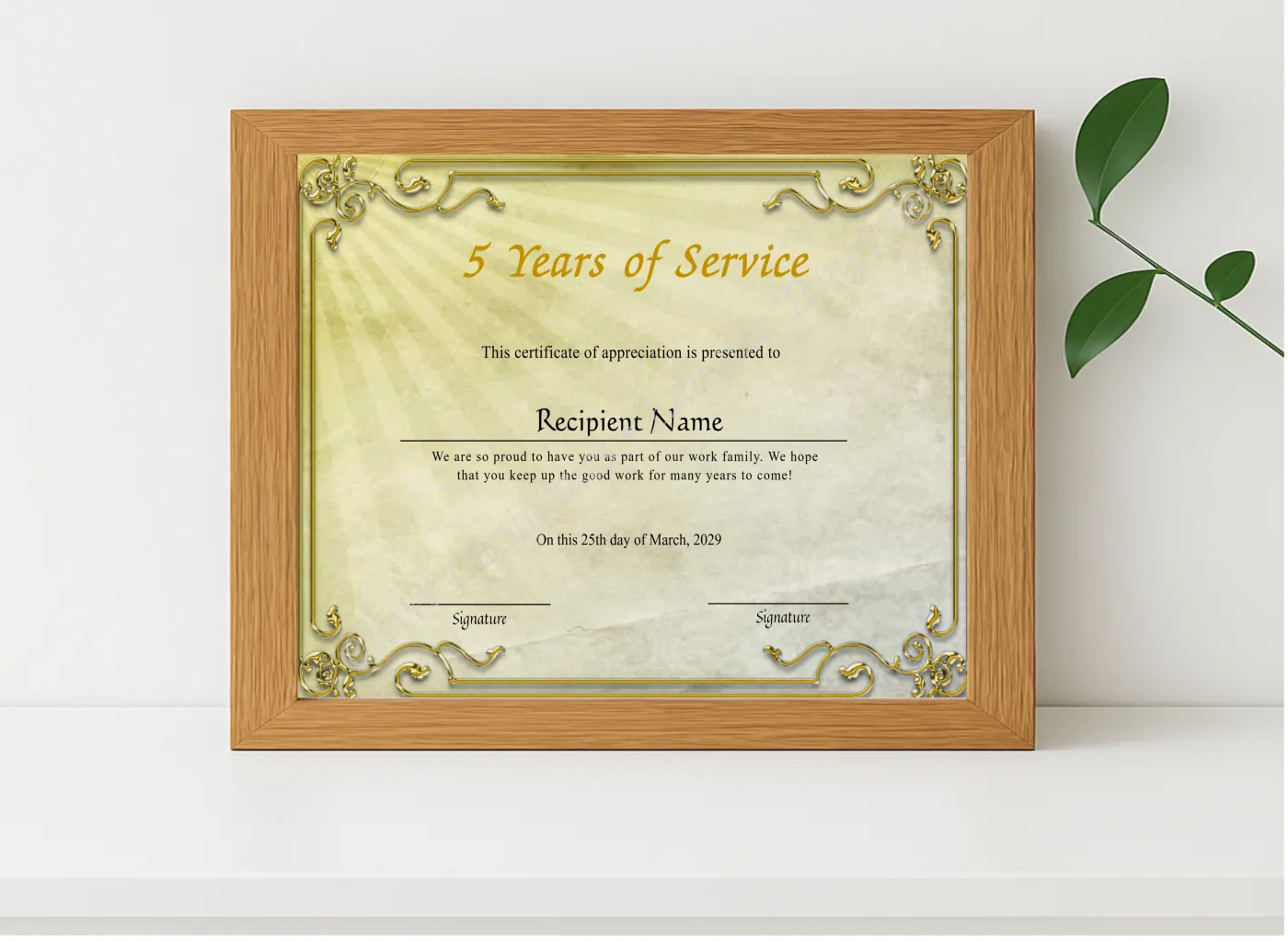 Realistic mockup featuring 5 Years Of Service Anniversary Award Certificate displayed within a modern frame, set against a minimalistic background.