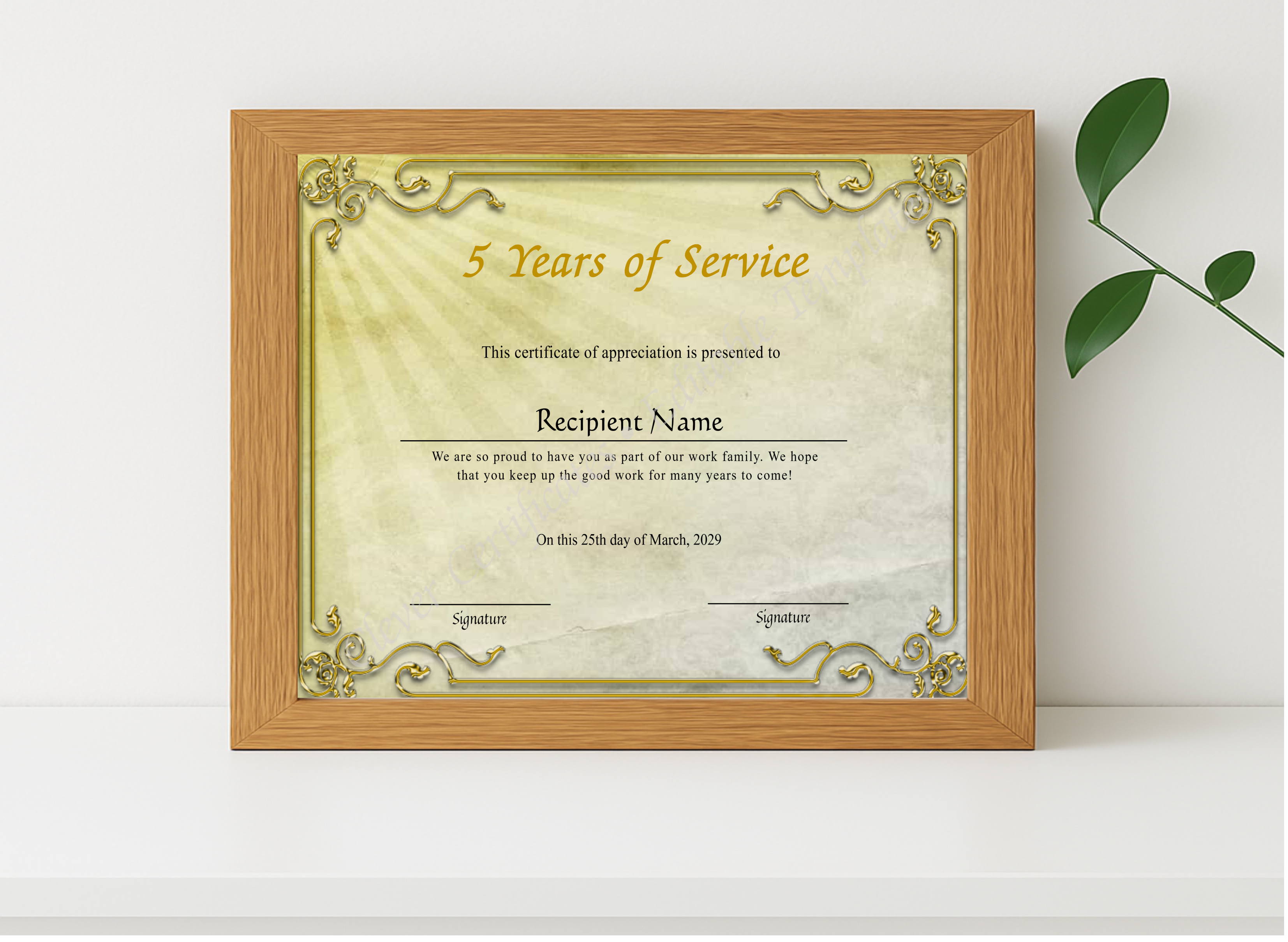 Realistic mockup featuring 5 Years Of Service Anniversary Award Certificate displayed within a modern frame, set against a minimalistic background.