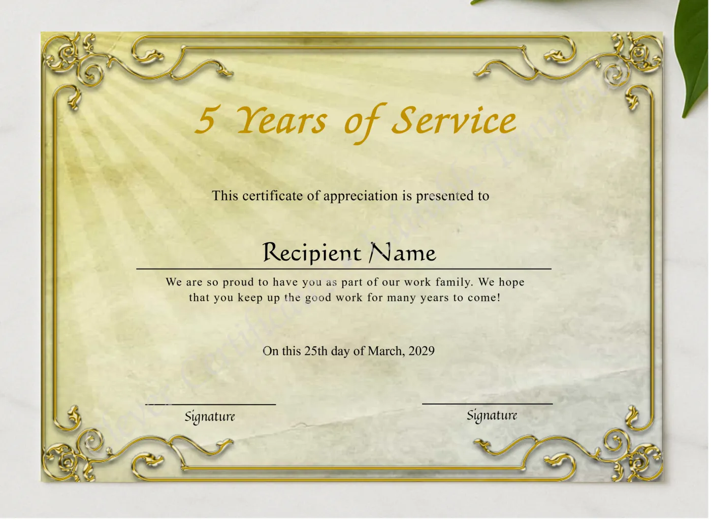 5 Years Of Service Anniversary Award Certificate presented in a sleek wooden frame, elegantly arranged on a stylish table.
