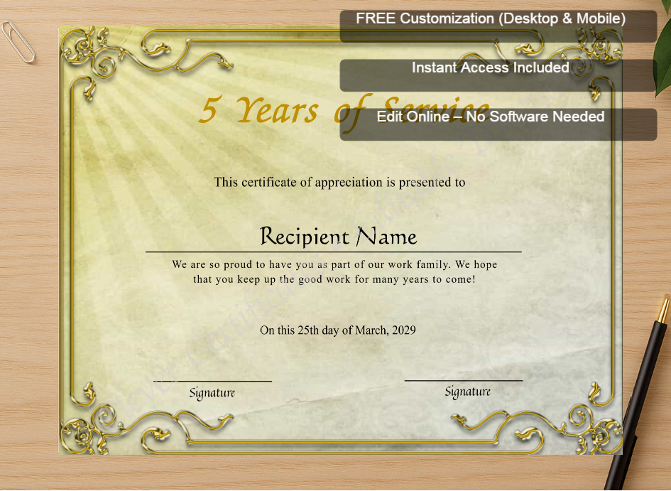 Zoomed preview with Free Editor badge stack for 5 Years Of Service Anniversary Award Certificate
