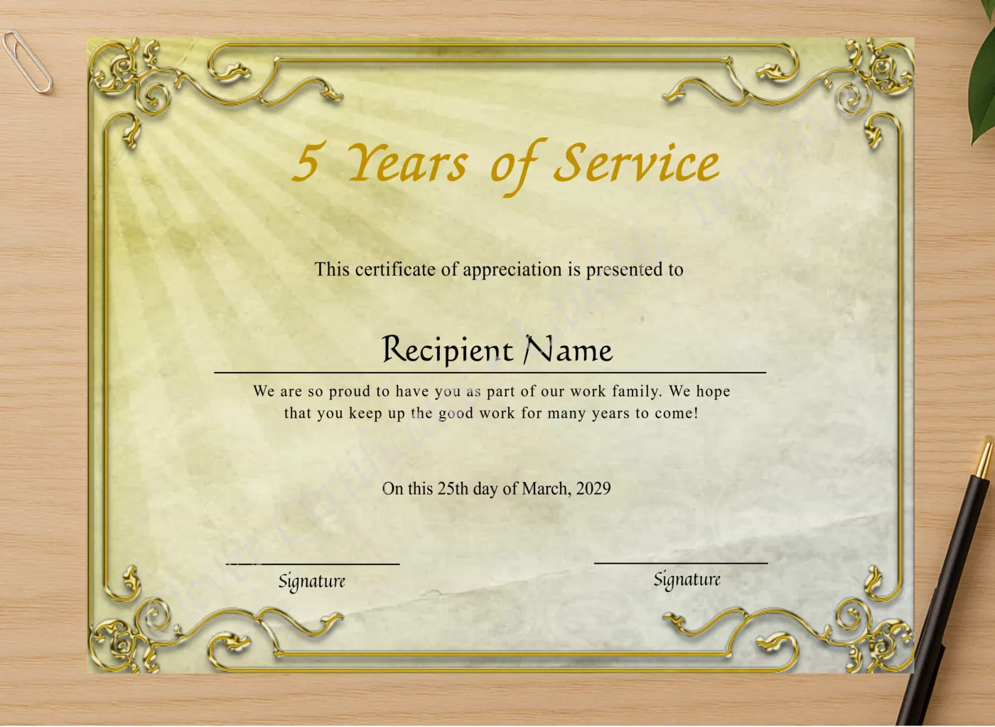 Professional preview of 5 Years Of Service Anniversary Award Certificate certificate on high-quality stationery paper, ideal for showcasing the final look.