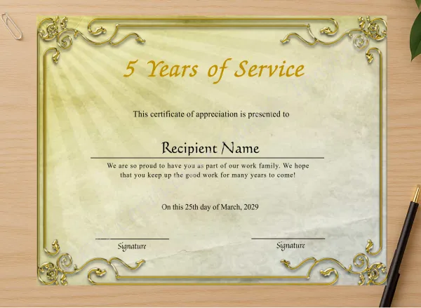 Professional preview of 5 Years Of Service Anniversary Award Certificate certificate on high-quality stationery paper, ideal for showcasing the final look.