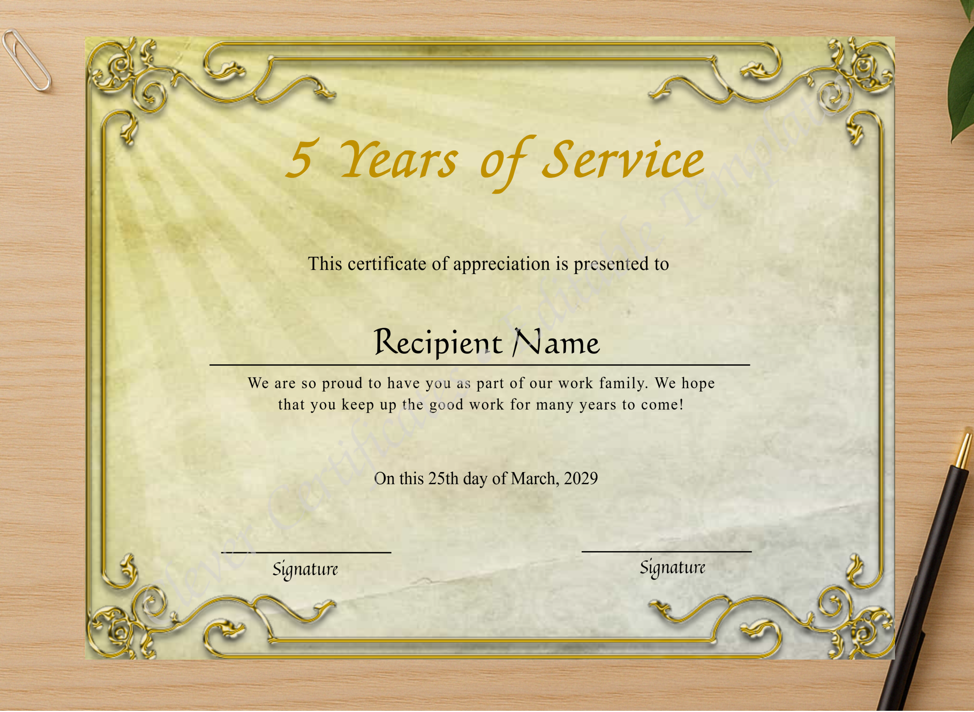 Professional preview of 5 Years Of Service Anniversary Award Certificate certificate on high-quality stationery paper, ideal for showcasing the final look.