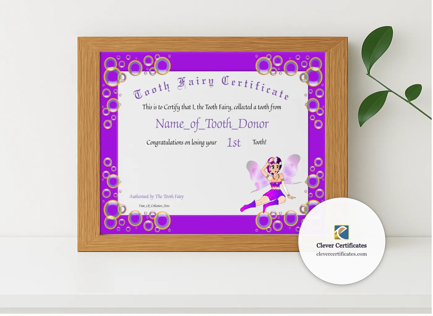Realistic mockup featuring Tooth Fairy Certificate 2 displayed within a modern frame, set against a minimalistic background.