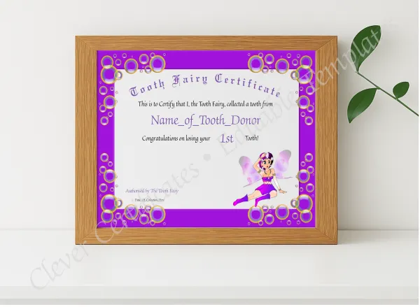 Realistic mockup featuring Tooth Fairy Certificate 2 displayed within a modern frame, set against a minimalistic background.