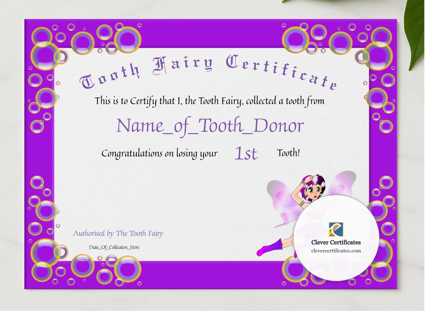 Tooth Fairy Certificate 2 presented in a sleek wooden frame, elegantly arranged on a stylish table.