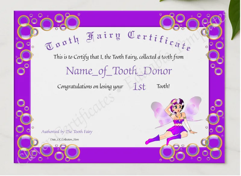 Tooth Fairy Certificate 2 presented in a sleek wooden frame, elegantly arranged on a stylish table.