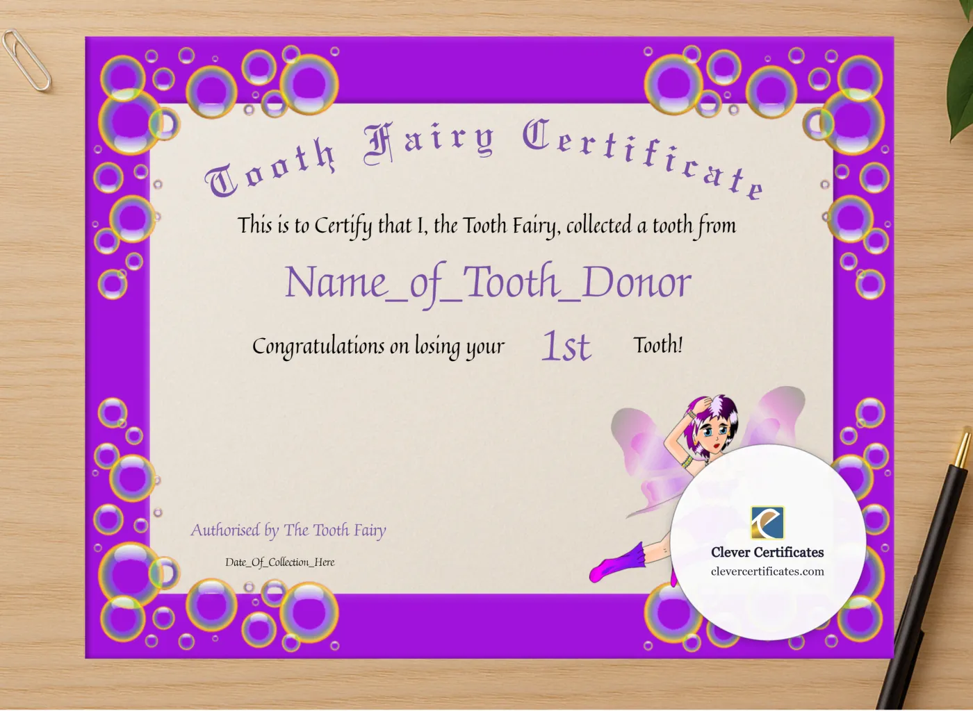 Professional preview of Tooth Fairy Certificate 2 certificate on high-quality stationery paper, ideal for showcasing the final look.