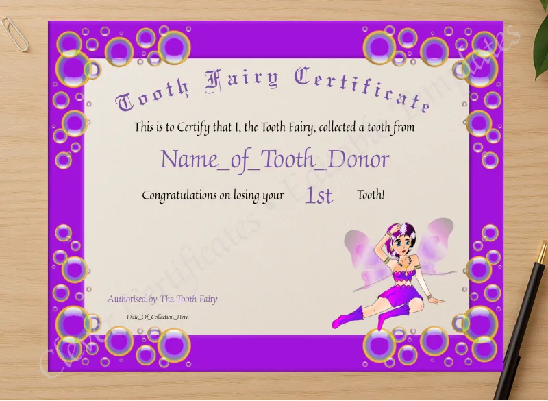 Professional preview of Tooth Fairy Certificate 2 certificate on high-quality stationery paper, ideal for showcasing the final look.