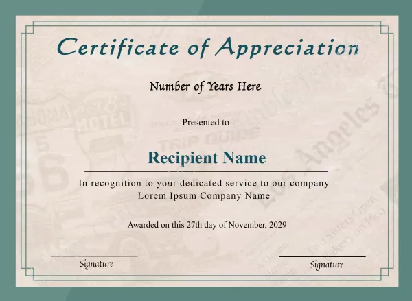 Editable Years Of Service Certificate Of Appreciation