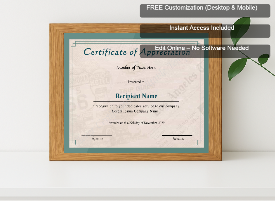 Premium mockup with Free Editor badge stack for Editable Years Of Service Certificate Of Appreciation