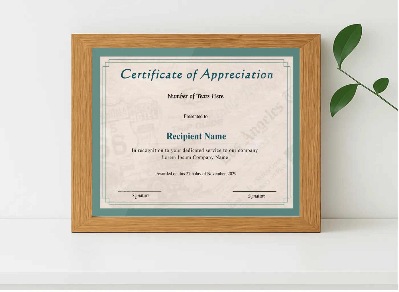 Realistic mockup featuring Editable Years Of Service Certificate Of Appreciation displayed within a modern frame, set against a minimalistic background.