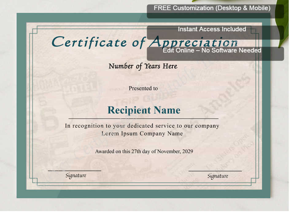 Framed preview featuring Free Editor badge stack for Editable Years Of Service Certificate Of Appreciation