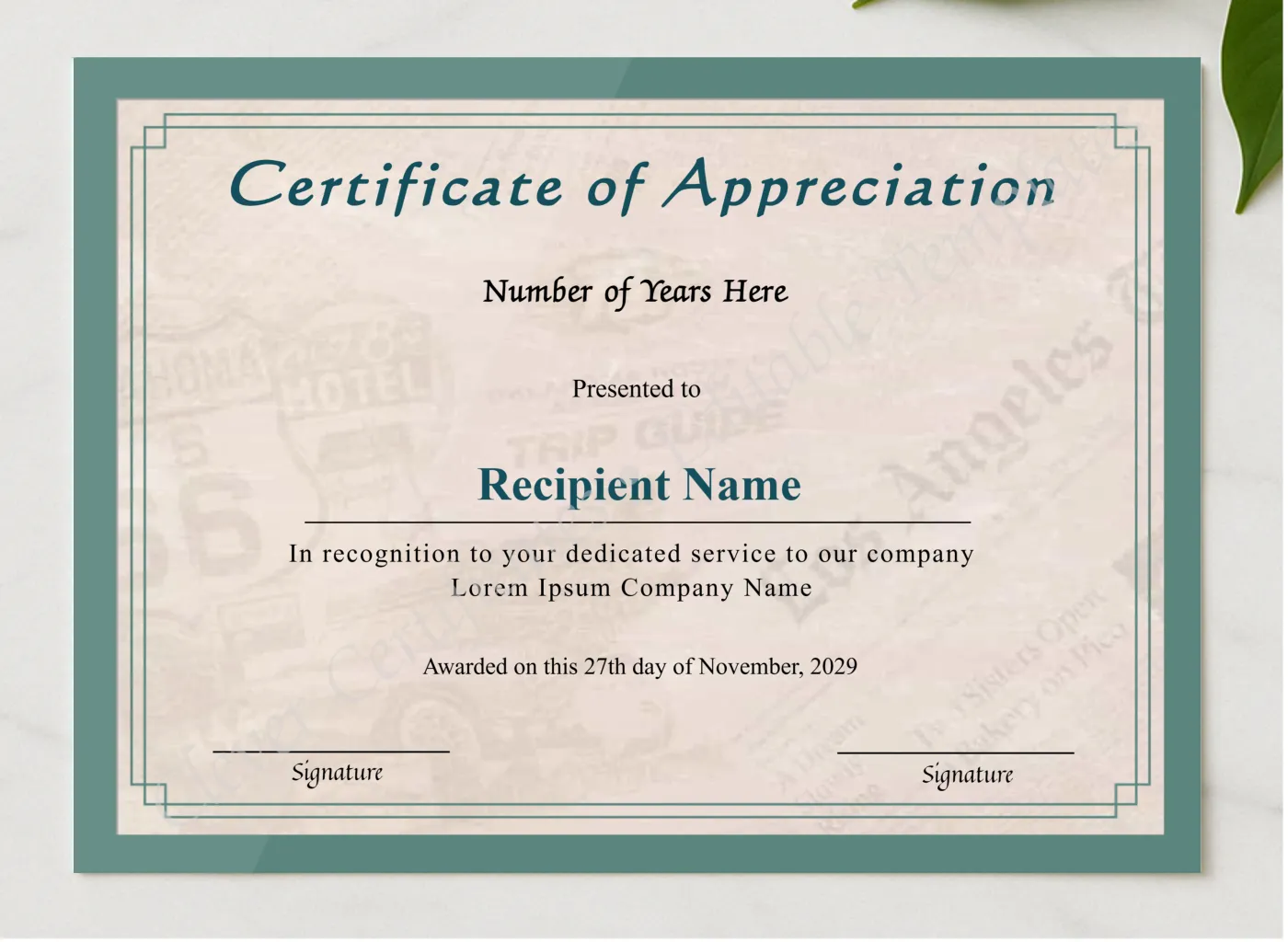 Editable Years Of Service Certificate Of Appreciation presented in a sleek wooden frame, elegantly arranged on a stylish table.