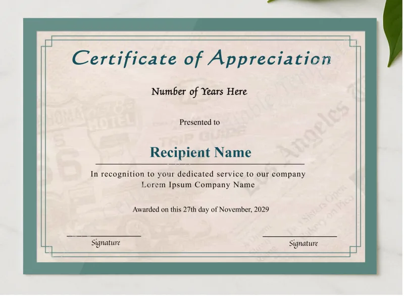 Editable Years Of Service Certificate Of Appreciation presented in a sleek wooden frame, elegantly arranged on a stylish table.