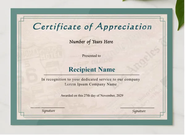 Editable Years Of Service Certificate Of Appreciation presented in a sleek wooden frame, elegantly arranged on a stylish table.
