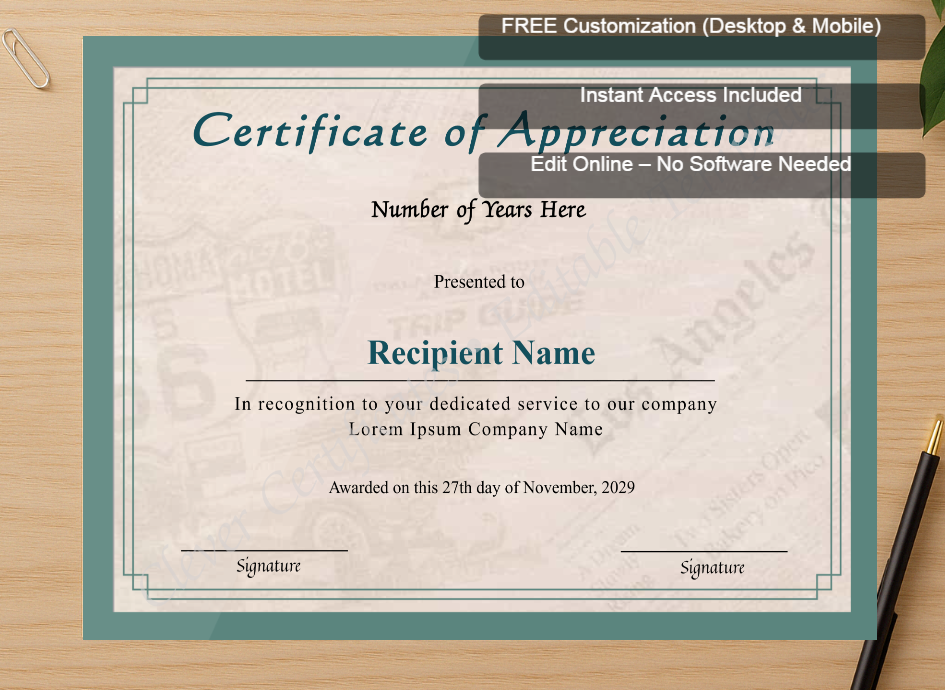 Zoomed preview with Free Editor badge stack for Editable Years Of Service Certificate Of Appreciation