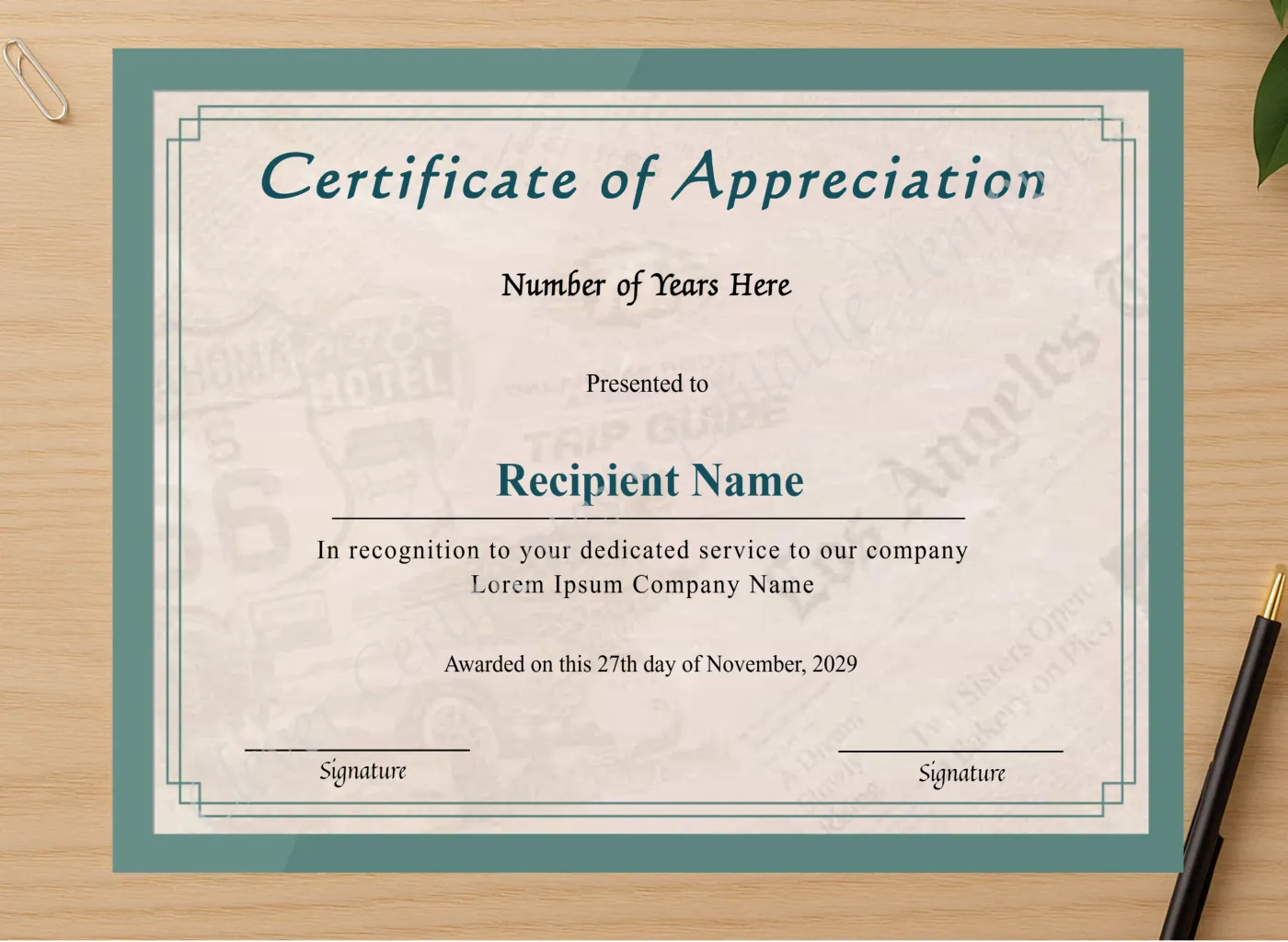 Professional preview of Editable Years Of Service Certificate Of Appreciation certificate on high-quality stationery paper, ideal for showcasing the final look.