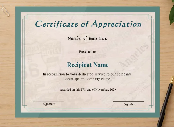Professional preview of Editable Years Of Service Certificate Of Appreciation certificate on high-quality stationery paper, ideal for showcasing the final look.