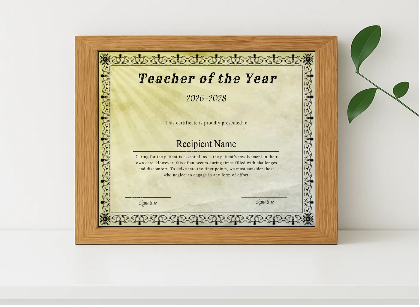 Realistic mockup featuring Printable Certificate Of Teacher Of The Year displayed within a modern frame, set against a minimalistic background.