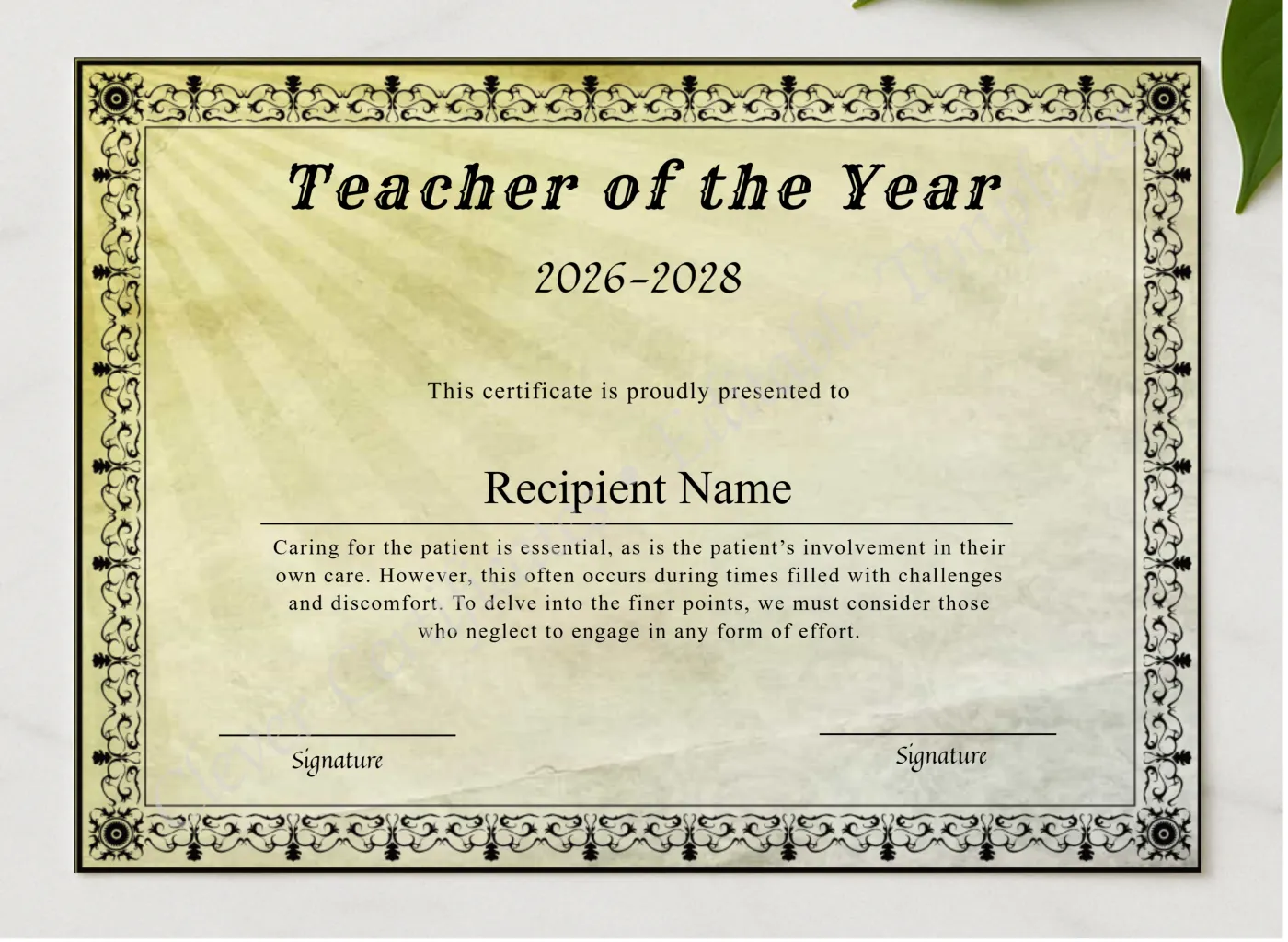 Printable Certificate Of Teacher Of The Year presented in a sleek wooden frame, elegantly arranged on a stylish table.
