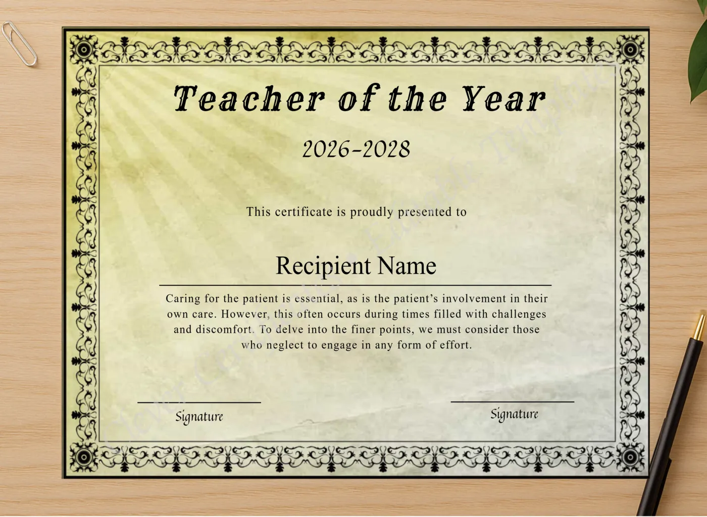 Professional preview of Printable Certificate Of Teacher Of The Year certificate on high-quality stationery paper, ideal for showcasing the final look.