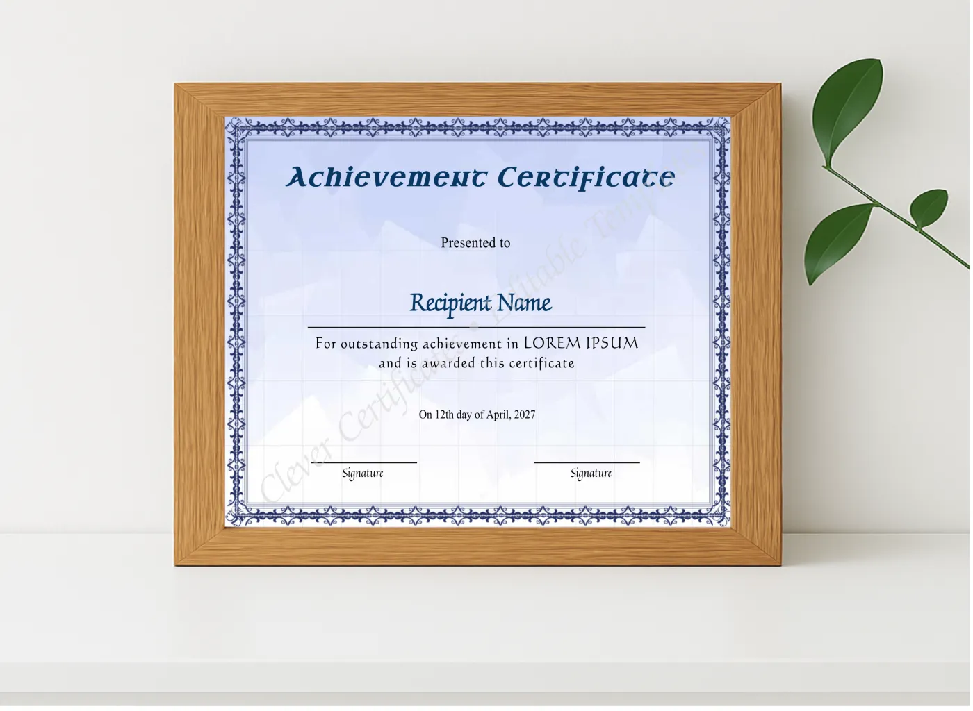 Realistic mockup featuring Downloadable Achievement Certificate displayed within a modern frame, set against a minimalistic background.