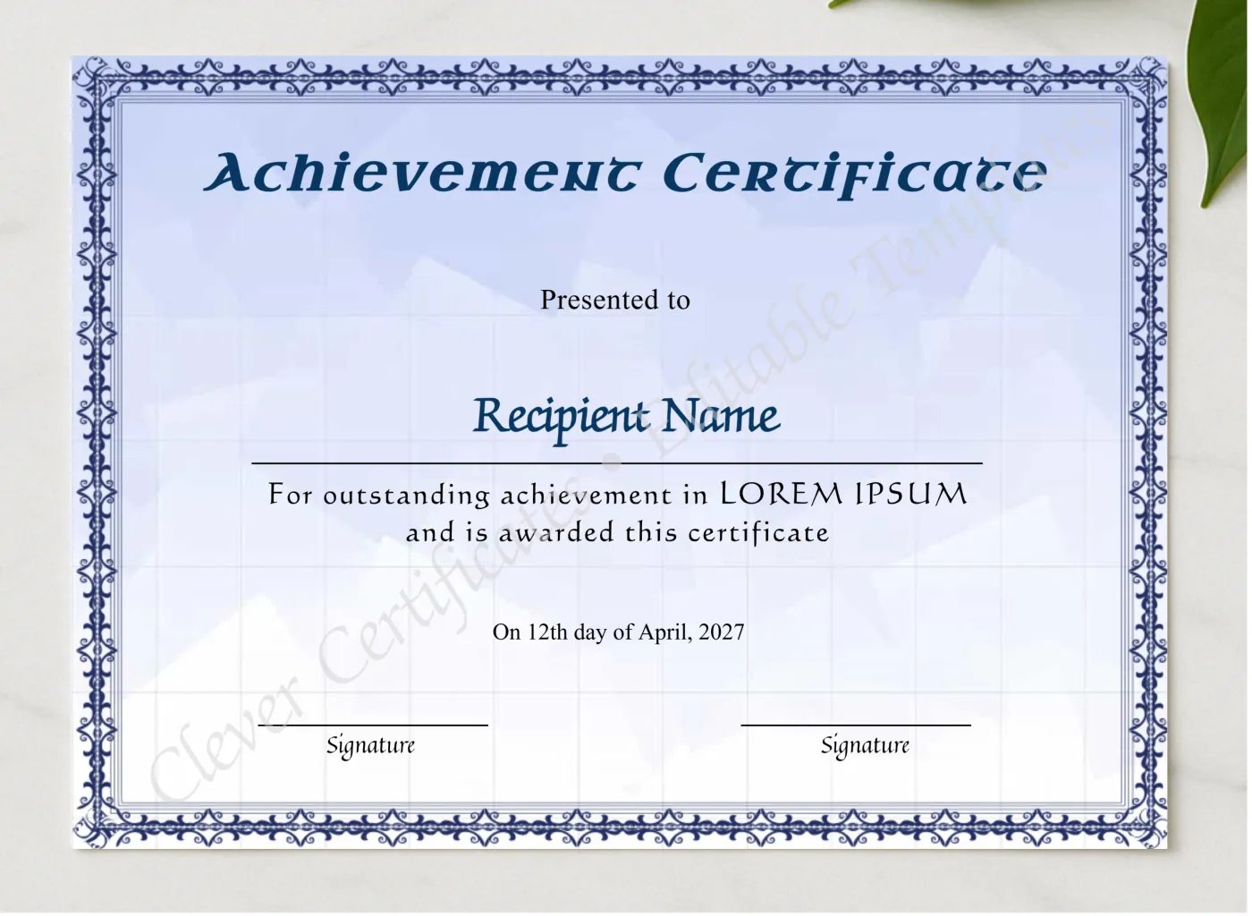 Downloadable Achievement Certificate presented in a sleek wooden frame, elegantly arranged on a stylish table.