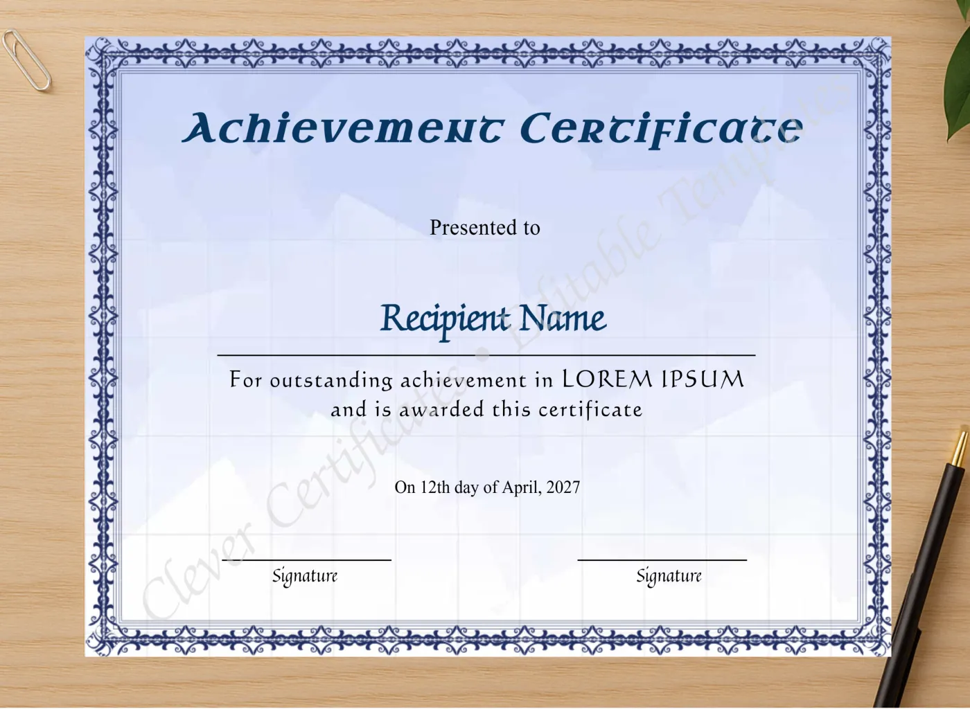 Professional preview of Downloadable Achievement Certificate certificate on high-quality stationery paper, ideal for showcasing the final look.
