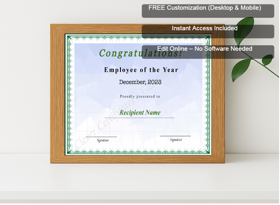 Premium mockup with Free Editor badge stack for Editable Certificate Of Employee Of The Year